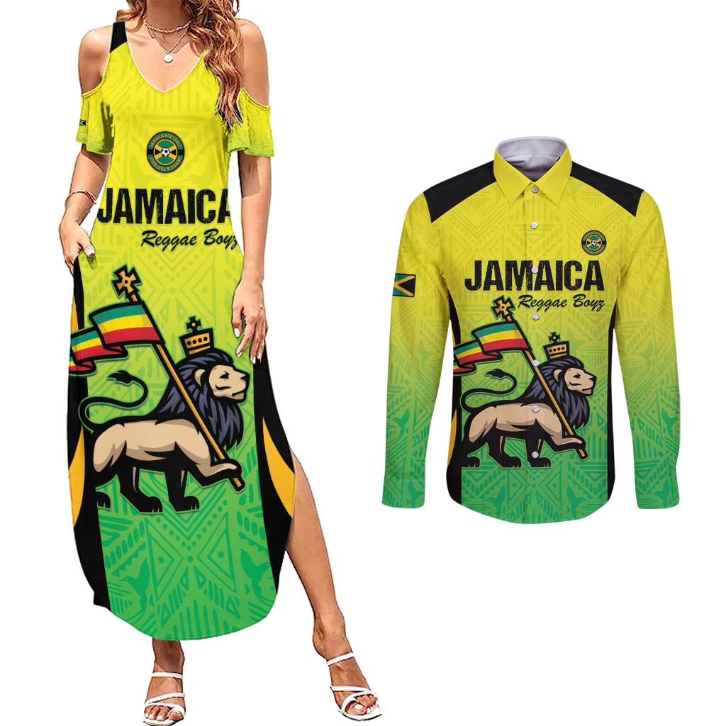 Custom Jamaica Football Couples Matching Summer Maxi Dress and Long Sleeve Button Shirt Go Reggae Boyz