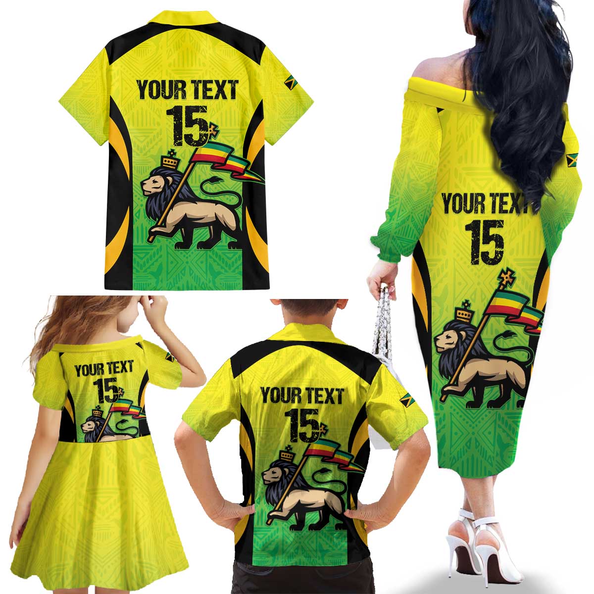 Custom Jamaica Football Family Matching Off The Shoulder Long Sleeve Dress and Hawaiian Shirt Go Reggae Boyz