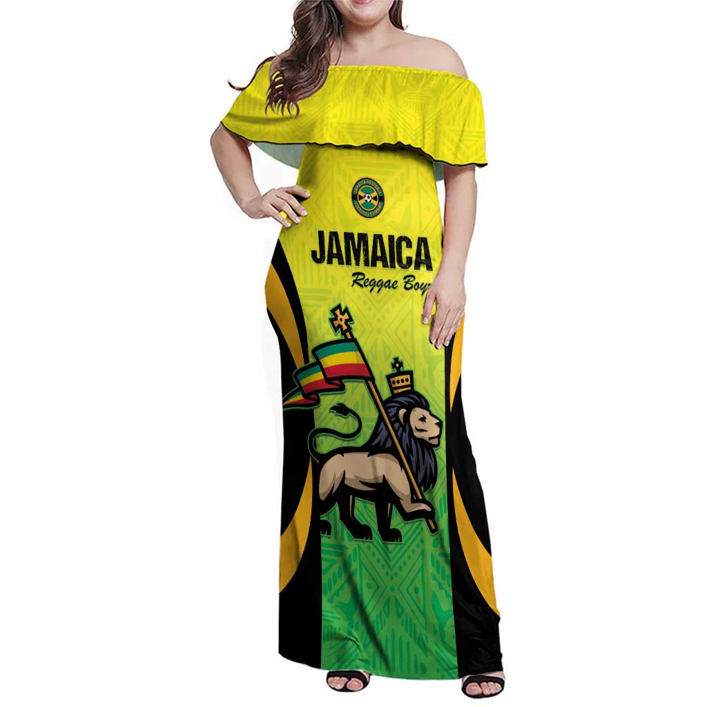 Custom Jamaica Football Family Matching Off Shoulder Maxi Dress and Hawaiian Shirt Go Reggae Boyz
