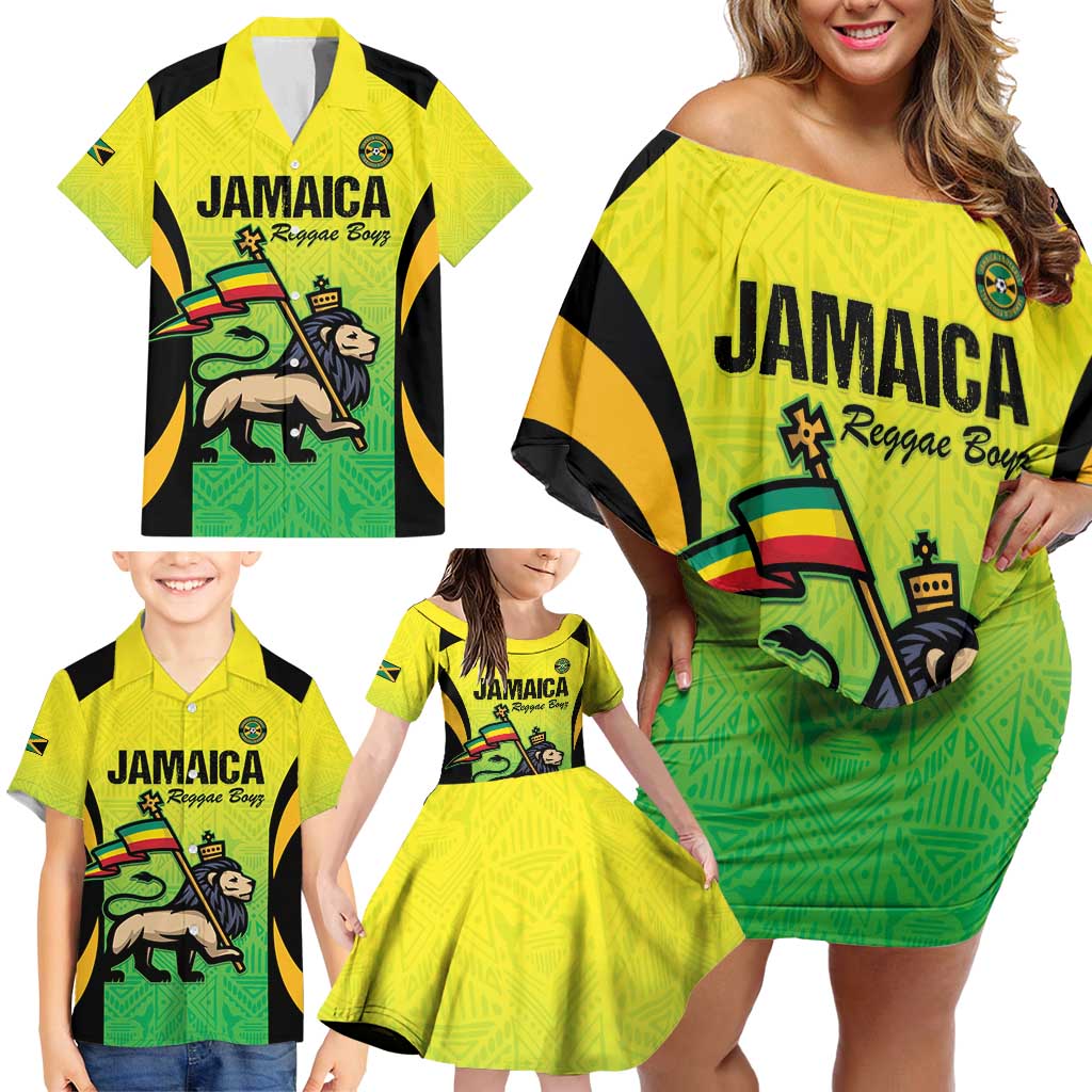 Custom Jamaica Football Family Matching Off Shoulder Short Dress and Hawaiian Shirt Go Reggae Boyz