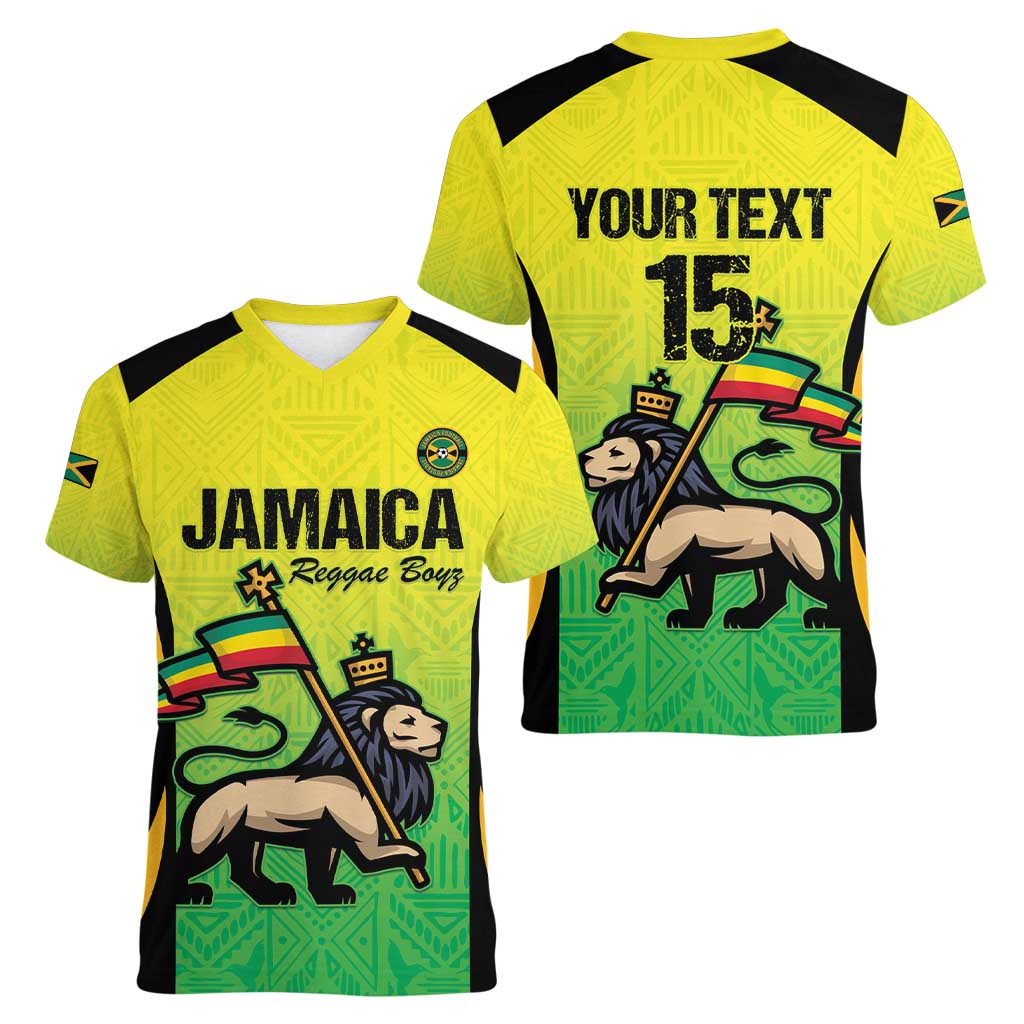Custom Jamaica Football Women V-Neck T-Shirt Go Reggae Boyz