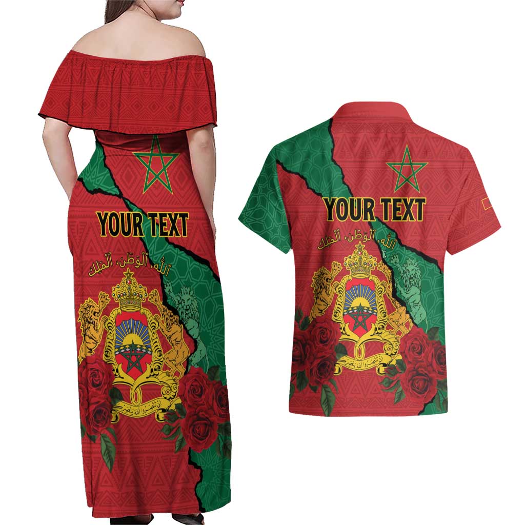 Personalised Morocco Couples Matching Off Shoulder Maxi Dress and Hawaiian Shirt Coat Of Arms With Rose