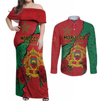 Personalised Morocco Couples Matching Off Shoulder Maxi Dress and Long Sleeve Button Shirt Coat Of Arms With Rose
