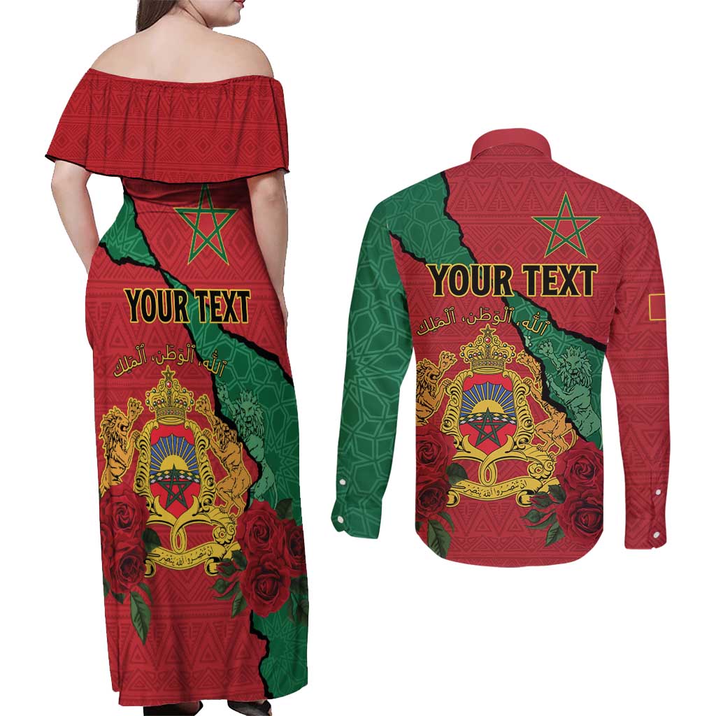 Personalised Morocco Couples Matching Off Shoulder Maxi Dress and Long Sleeve Button Shirt Coat Of Arms With Rose