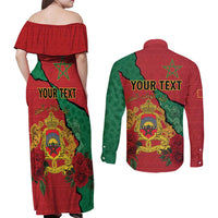 Personalised Morocco Couples Matching Off Shoulder Maxi Dress and Long Sleeve Button Shirt Coat Of Arms With Rose