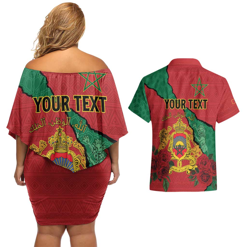 Personalised Morocco Couples Matching Off Shoulder Short Dress and Hawaiian Shirt Coat Of Arms With Rose