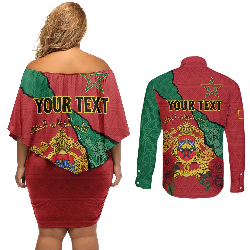 Personalised Morocco Couples Matching Off Shoulder Short Dress and Long Sleeve Button Shirt Coat Of Arms With Rose