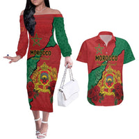 Personalised Morocco Couples Matching Off The Shoulder Long Sleeve Dress and Hawaiian Shirt Coat Of Arms With Rose