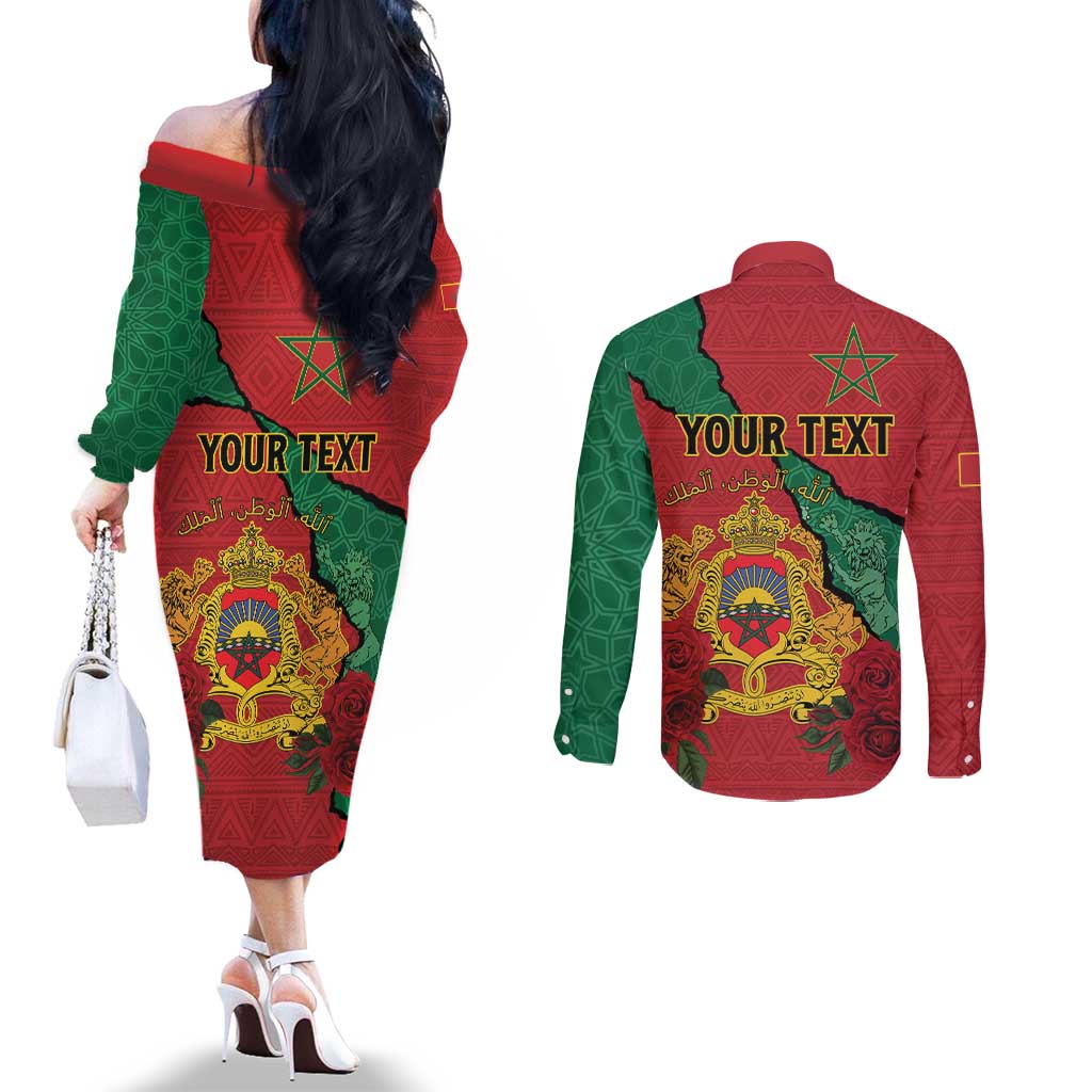 Personalised Morocco Couples Matching Off The Shoulder Long Sleeve Dress and Long Sleeve Button Shirt Coat Of Arms With Rose