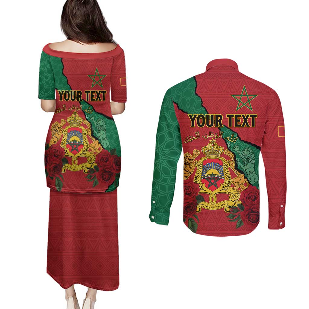 Personalised Morocco Couples Matching Puletasi and Long Sleeve Button Shirt Coat Of Arms With Rose