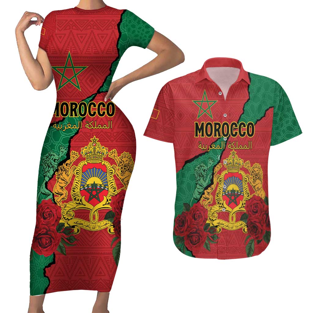 Personalised Morocco Couples Matching Short Sleeve Bodycon Dress and Hawaiian Shirt Coat Of Arms With Rose