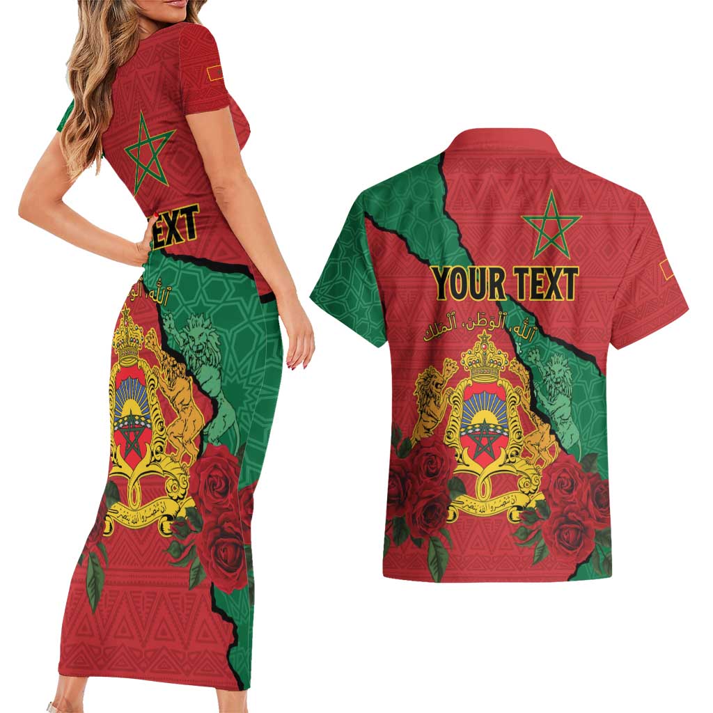 Personalised Morocco Couples Matching Short Sleeve Bodycon Dress and Hawaiian Shirt Coat Of Arms With Rose