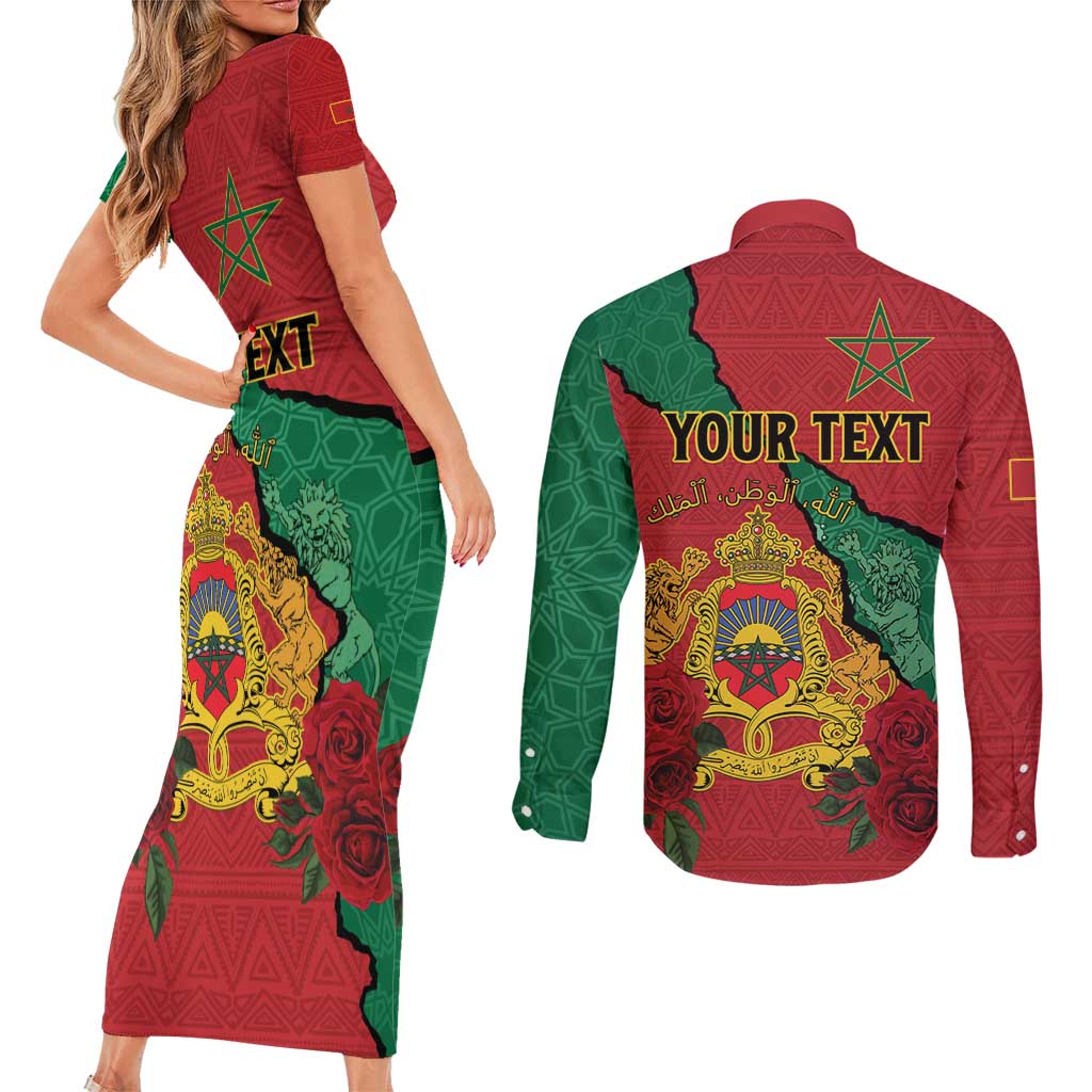Personalised Morocco Couples Matching Short Sleeve Bodycon Dress and Long Sleeve Button Shirt Coat Of Arms With Rose