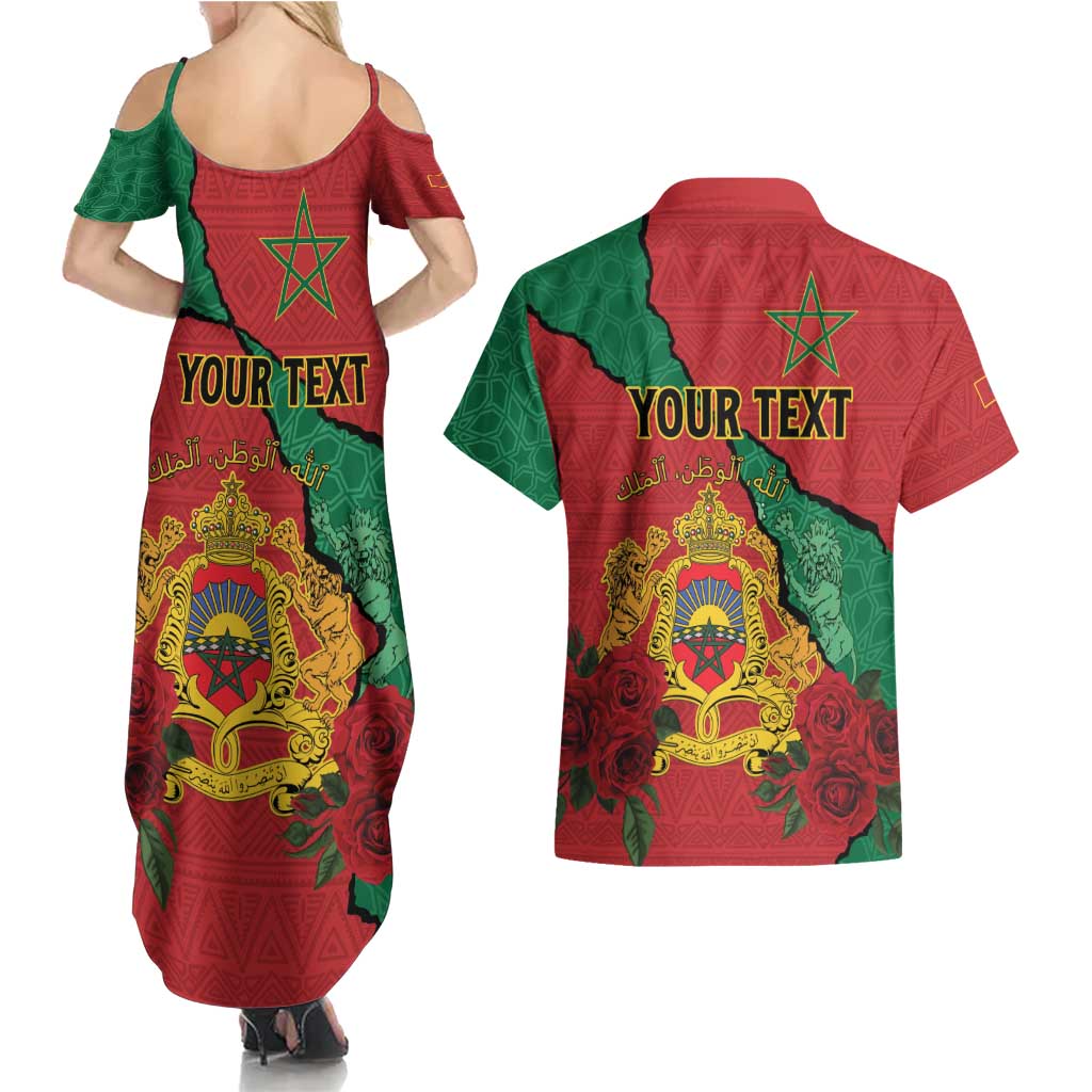 Personalised Morocco Couples Matching Summer Maxi Dress and Hawaiian Shirt Coat Of Arms With Rose