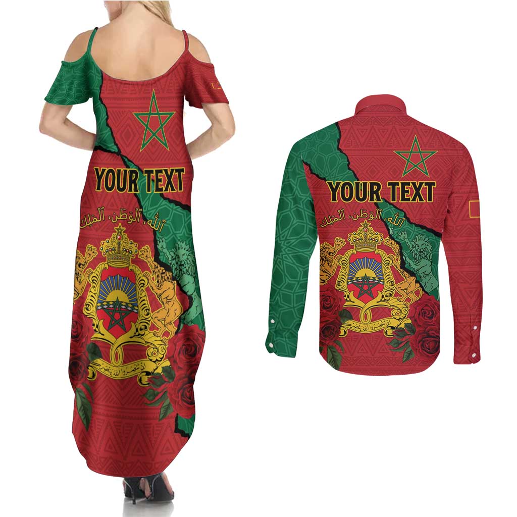 Personalised Morocco Couples Matching Summer Maxi Dress and Long Sleeve Button Shirt Coat Of Arms With Rose