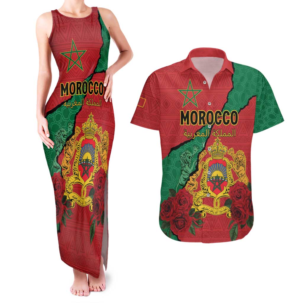 Personalised Morocco Couples Matching Tank Maxi Dress and Hawaiian Shirt Coat Of Arms With Rose