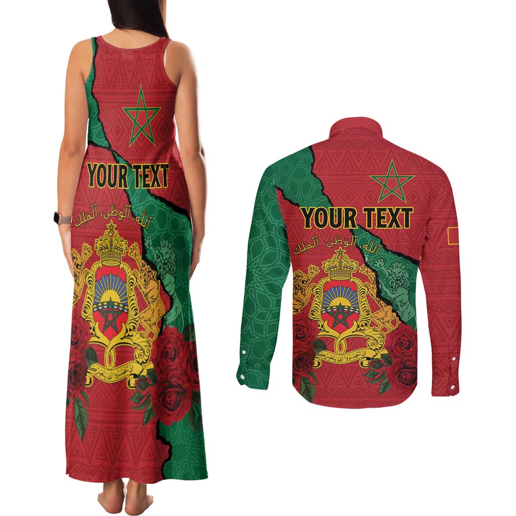 Personalised Morocco Couples Matching Tank Maxi Dress and Long Sleeve Button Shirt Coat Of Arms With Rose