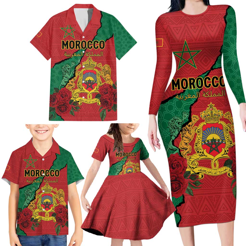 Personalised Morocco Family Matching Long Sleeve Bodycon Dress and Hawaiian Shirt Coat Of Arms With Rose