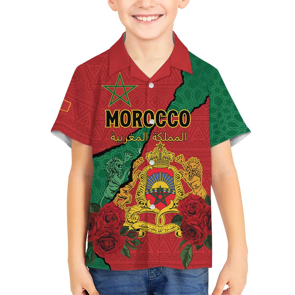 Personalised Morocco Family Matching Long Sleeve Bodycon Dress and Hawaiian Shirt Coat Of Arms With Rose
