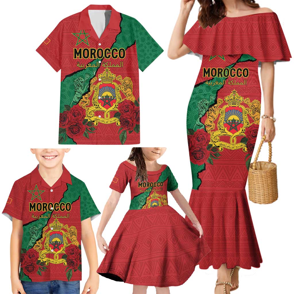 Personalised Morocco Family Matching Mermaid Dress and Hawaiian Shirt Coat Of Arms With Rose