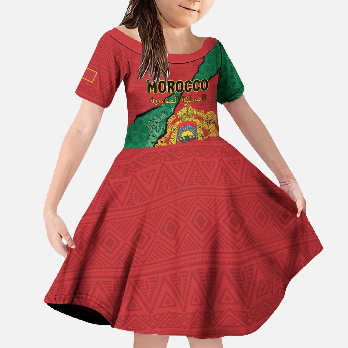 Personalised Morocco Family Matching Off The Shoulder Long Sleeve Dress and Hawaiian Shirt Coat Of Arms With Rose