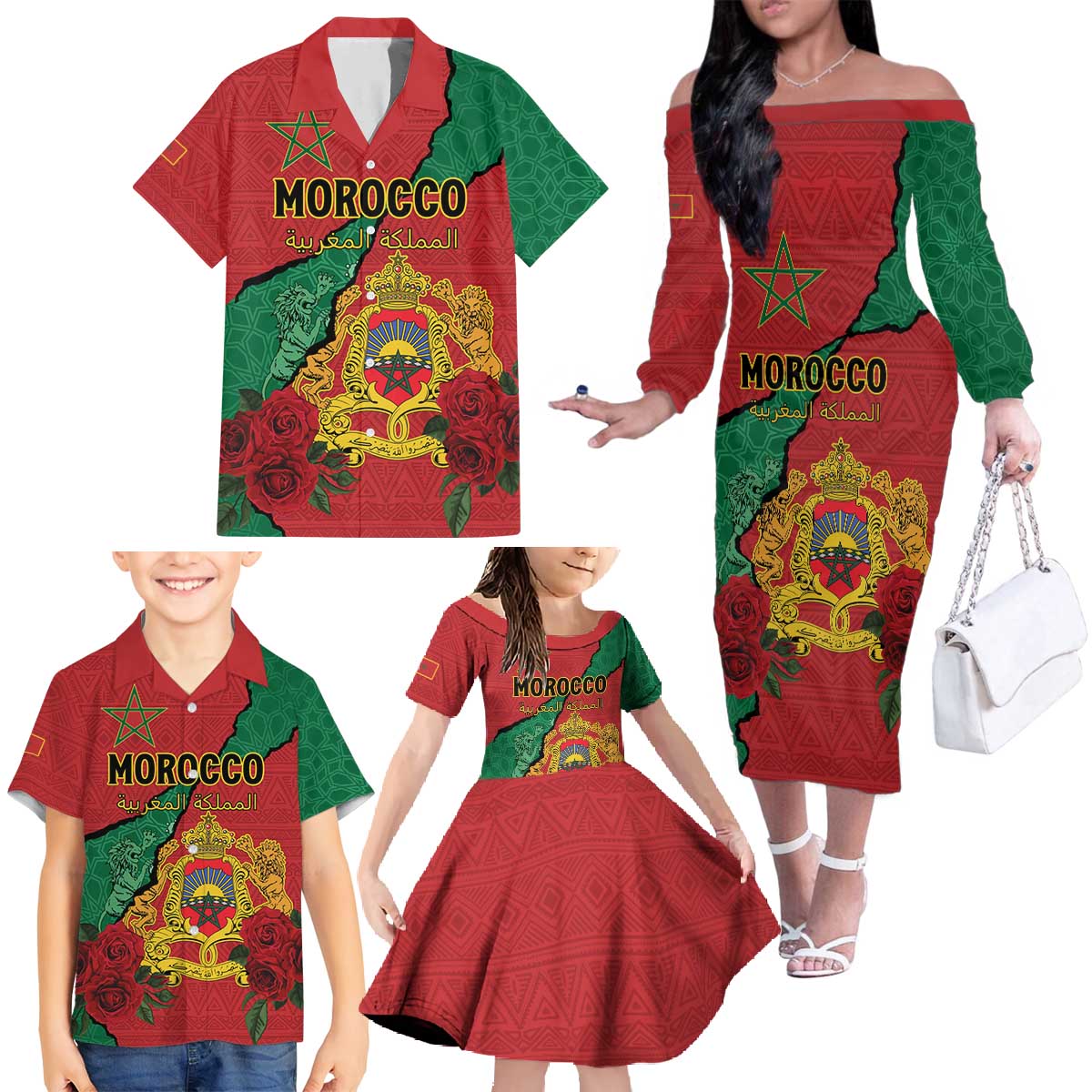 Personalised Morocco Family Matching Off The Shoulder Long Sleeve Dress and Hawaiian Shirt Coat Of Arms With Rose