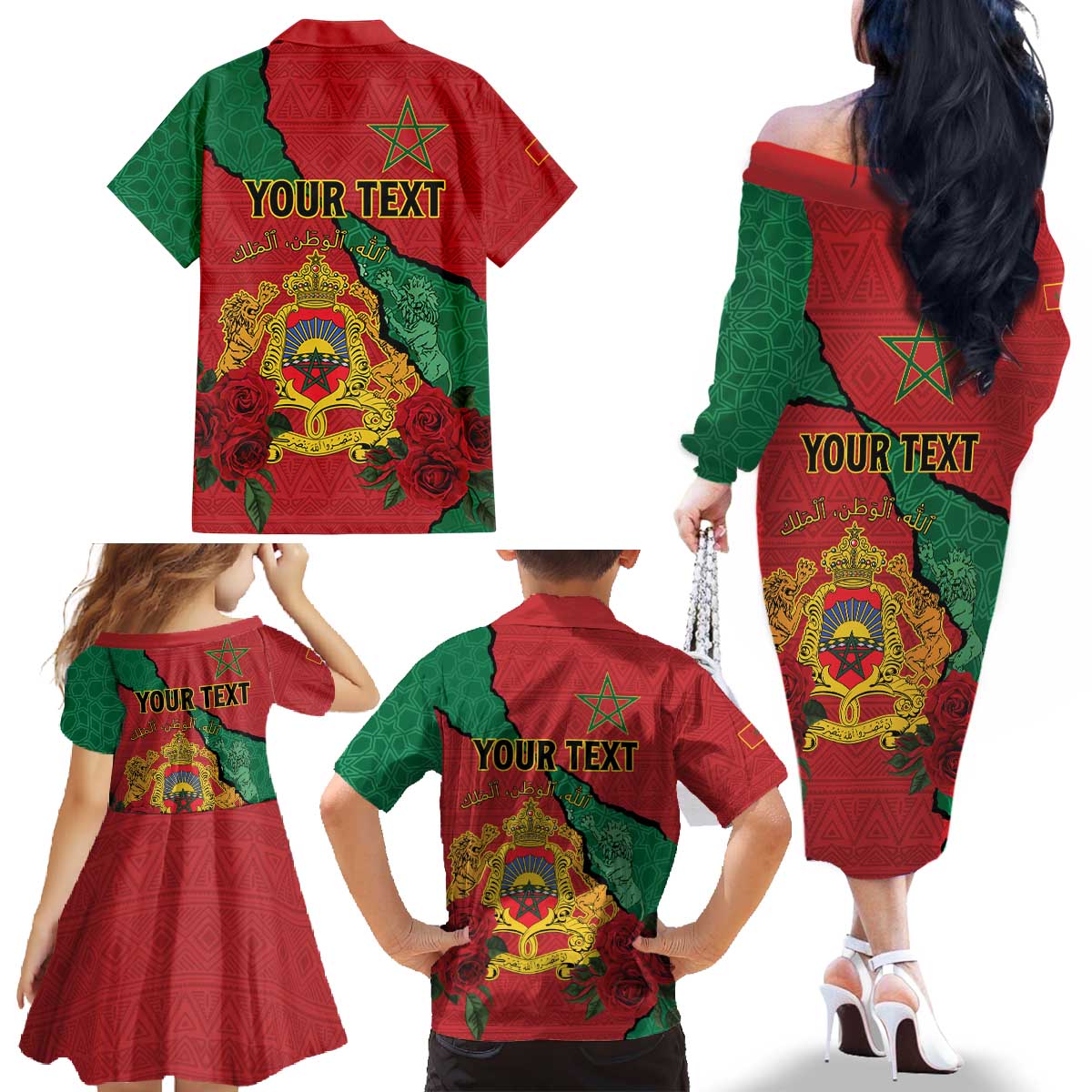Personalised Morocco Family Matching Off The Shoulder Long Sleeve Dress and Hawaiian Shirt Coat Of Arms With Rose