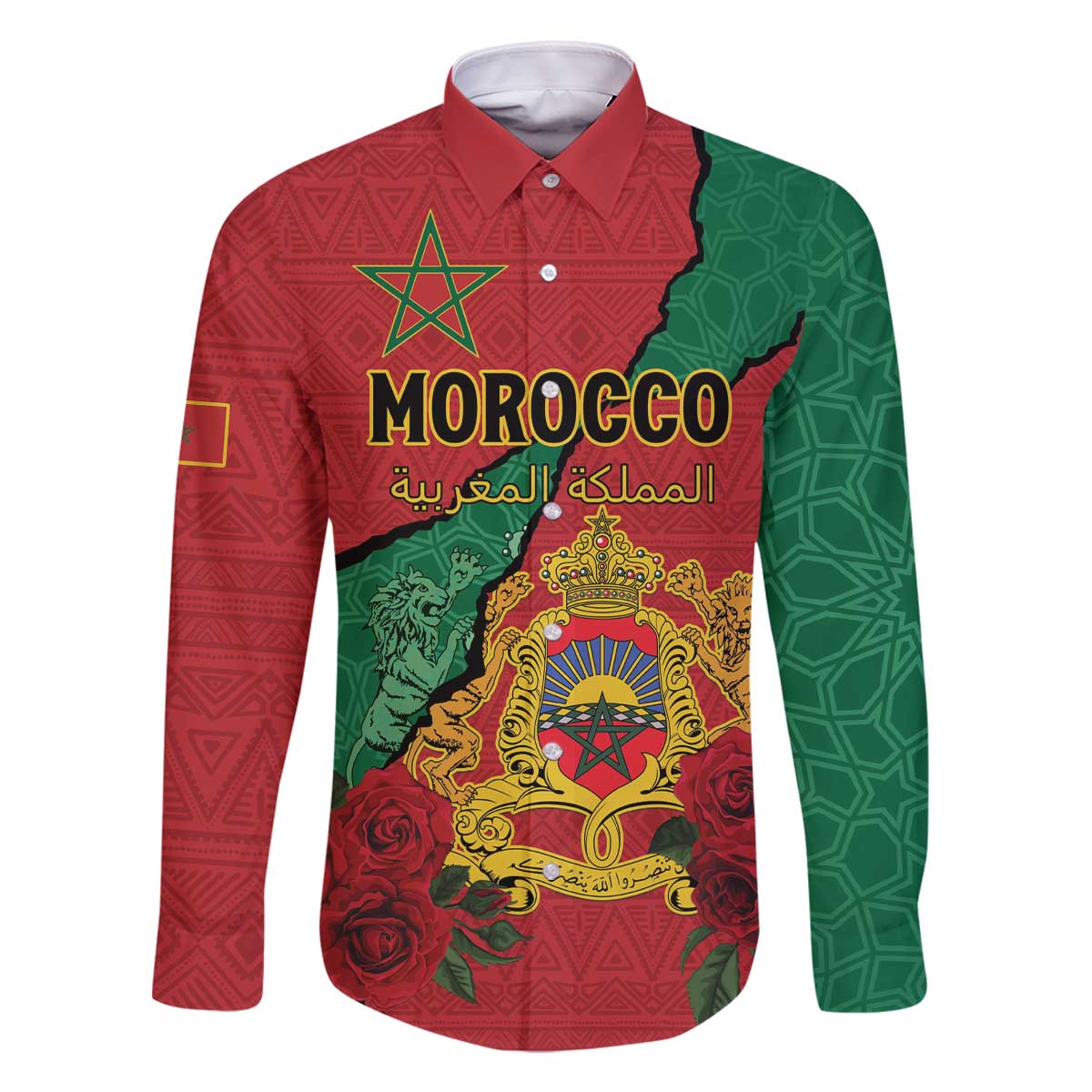 Personalised Morocco Family Matching Off The Shoulder Long Sleeve Dress and Hawaiian Shirt Coat Of Arms With Rose