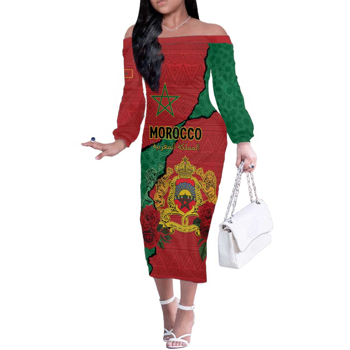 Personalised Morocco Family Matching Off The Shoulder Long Sleeve Dress and Hawaiian Shirt Coat Of Arms With Rose