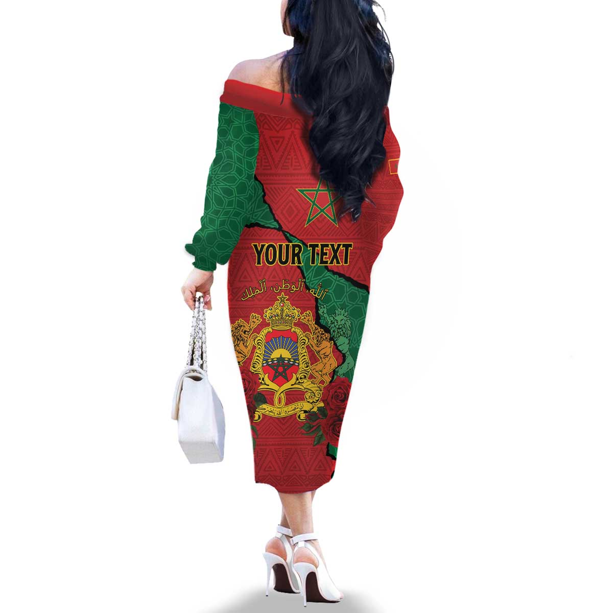 Personalised Morocco Family Matching Off The Shoulder Long Sleeve Dress and Hawaiian Shirt Coat Of Arms With Rose