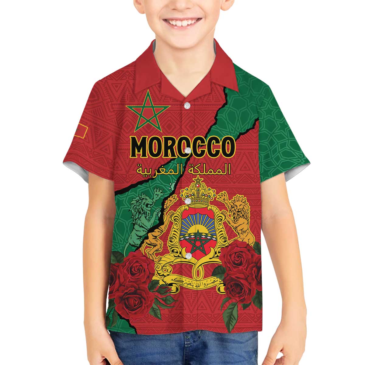 Personalised Morocco Family Matching Off The Shoulder Long Sleeve Dress and Hawaiian Shirt Coat Of Arms With Rose