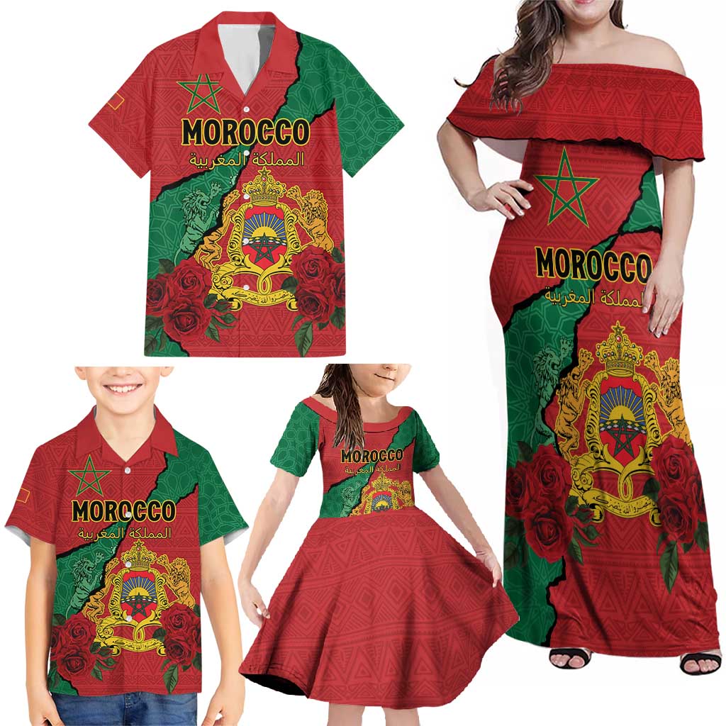 Personalised Morocco Family Matching Off Shoulder Maxi Dress and Hawaiian Shirt Coat Of Arms With Rose