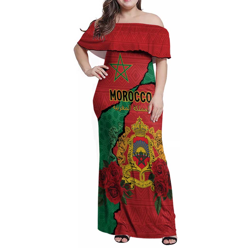 Personalised Morocco Family Matching Off Shoulder Maxi Dress and Hawaiian Shirt Coat Of Arms With Rose