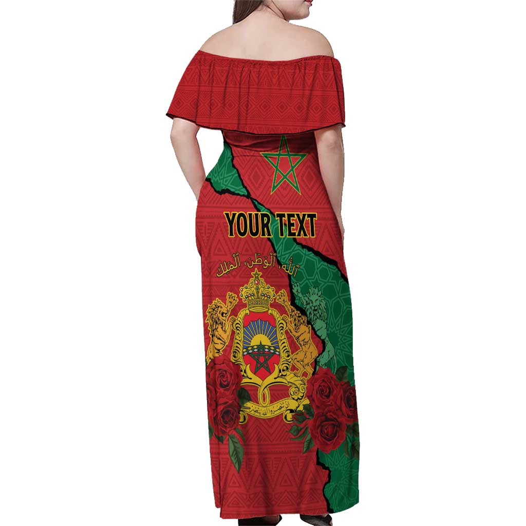 Personalised Morocco Family Matching Off Shoulder Maxi Dress and Hawaiian Shirt Coat Of Arms With Rose