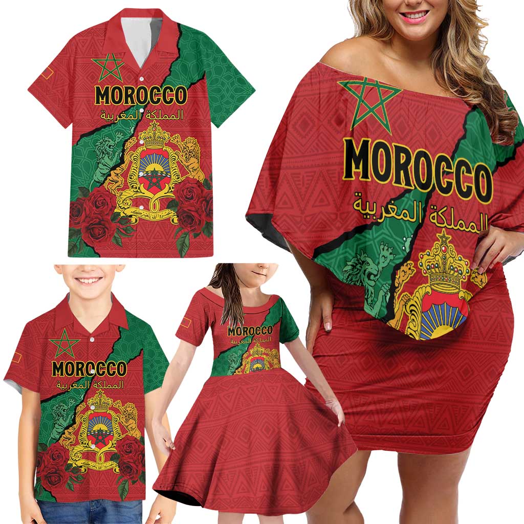 Personalised Morocco Family Matching Off Shoulder Short Dress and Hawaiian Shirt Coat Of Arms With Rose