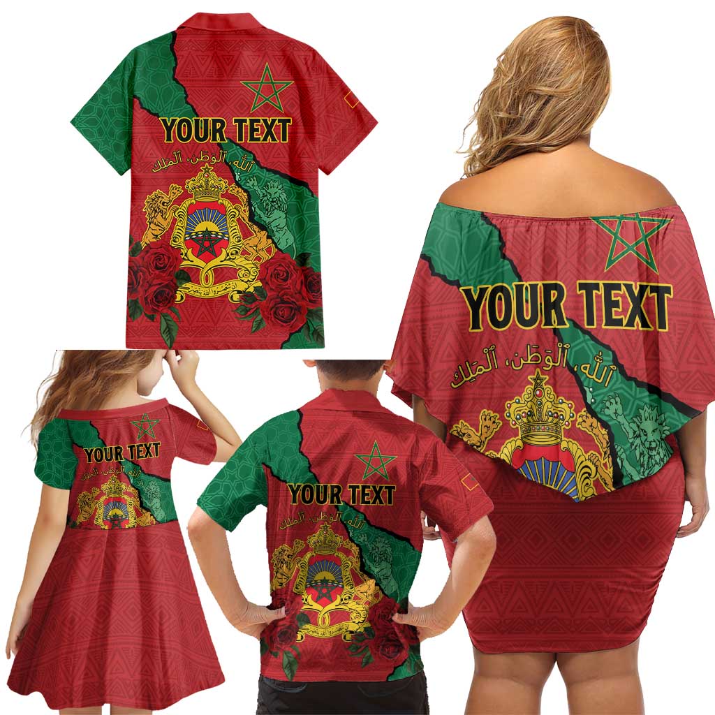 Personalised Morocco Family Matching Off Shoulder Short Dress and Hawaiian Shirt Coat Of Arms With Rose