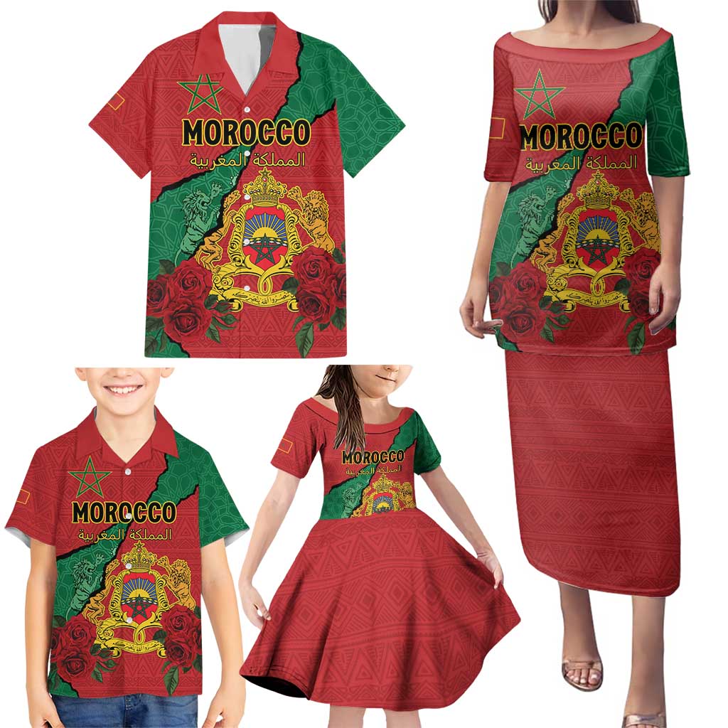 Personalised Morocco Family Matching Puletasi and Hawaiian Shirt Coat Of Arms With Rose
