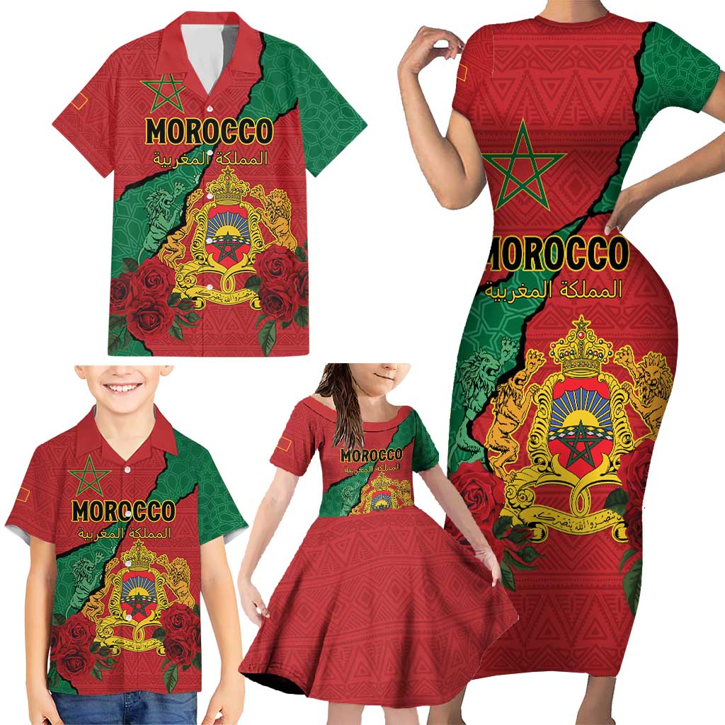 Personalised Morocco Family Matching Short Sleeve Bodycon Dress and Hawaiian Shirt Coat Of Arms With Rose