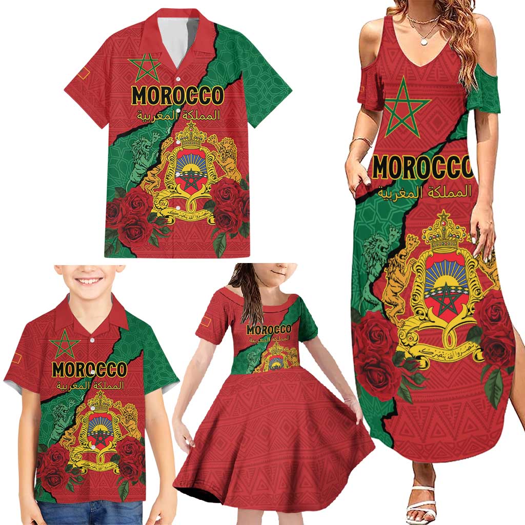 Personalised Morocco Family Matching Summer Maxi Dress and Hawaiian Shirt Coat Of Arms With Rose