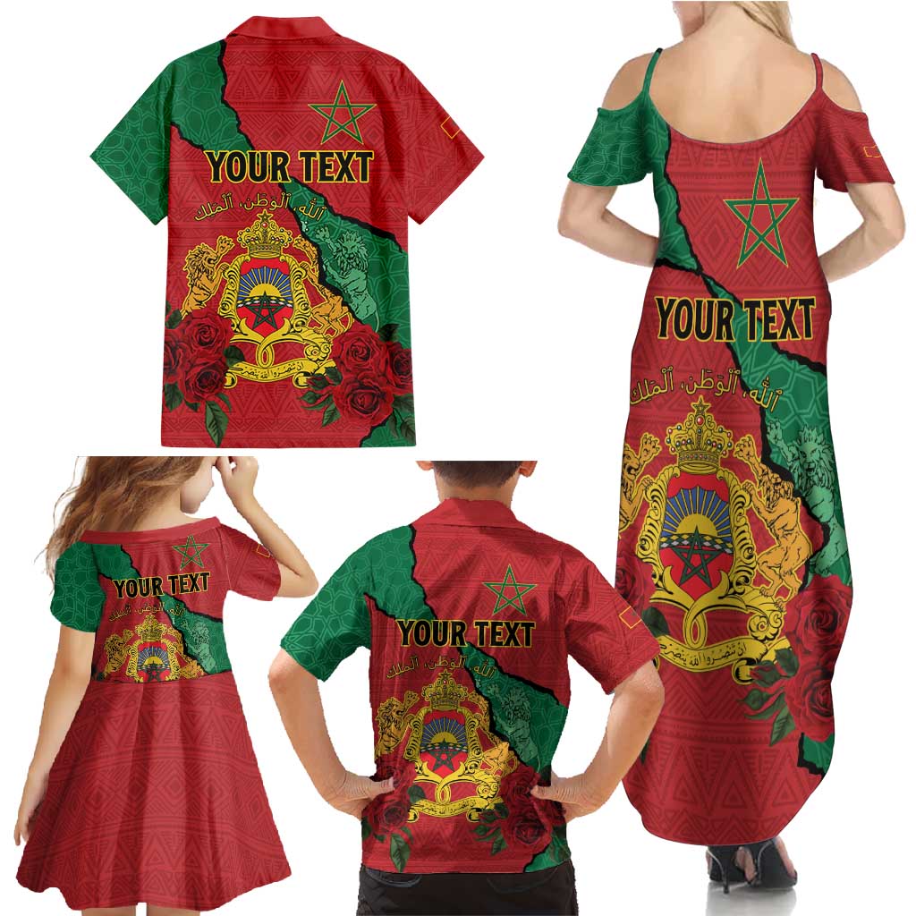 Personalised Morocco Family Matching Summer Maxi Dress and Hawaiian Shirt Coat Of Arms With Rose