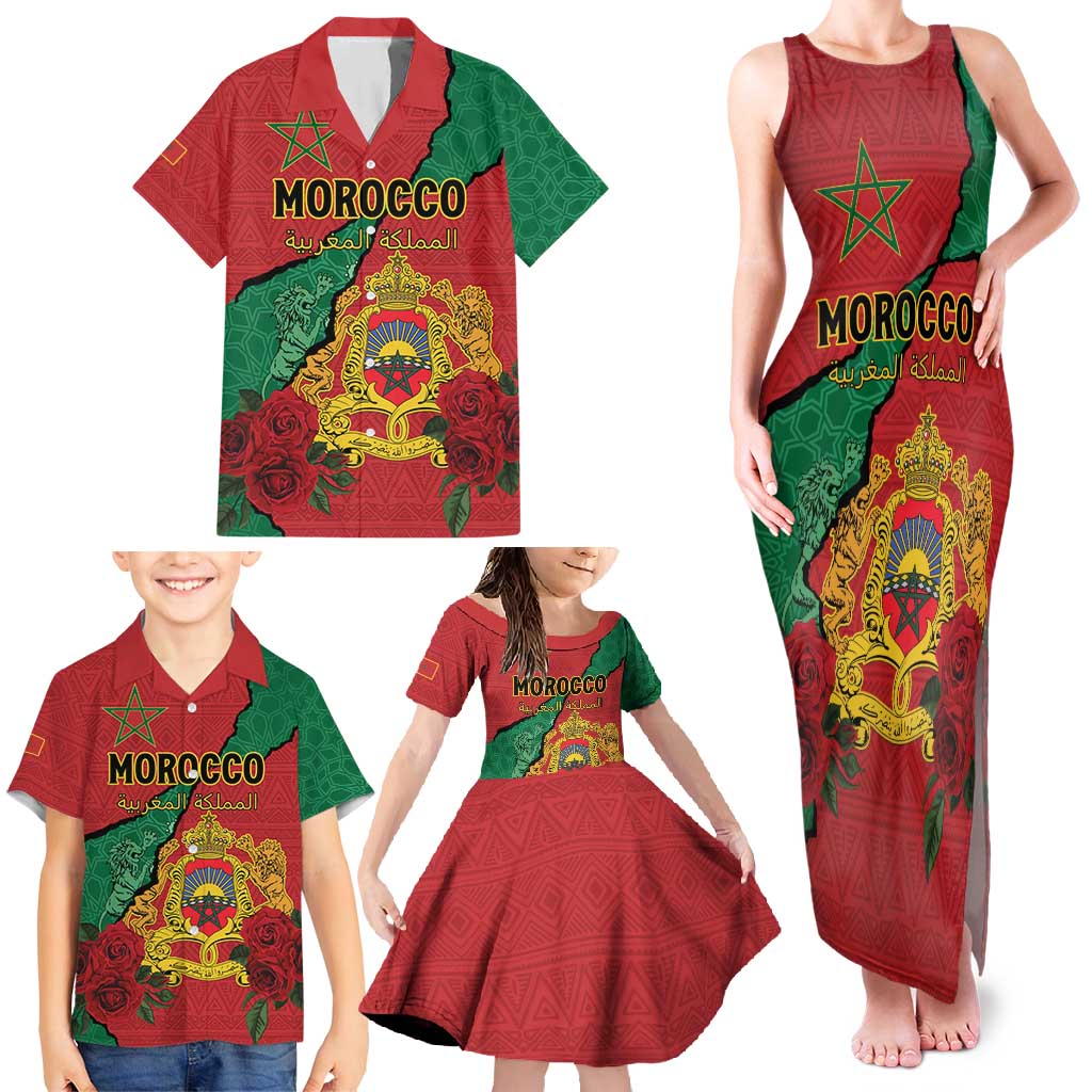 Personalised Morocco Family Matching Tank Maxi Dress and Hawaiian Shirt Coat Of Arms With Rose