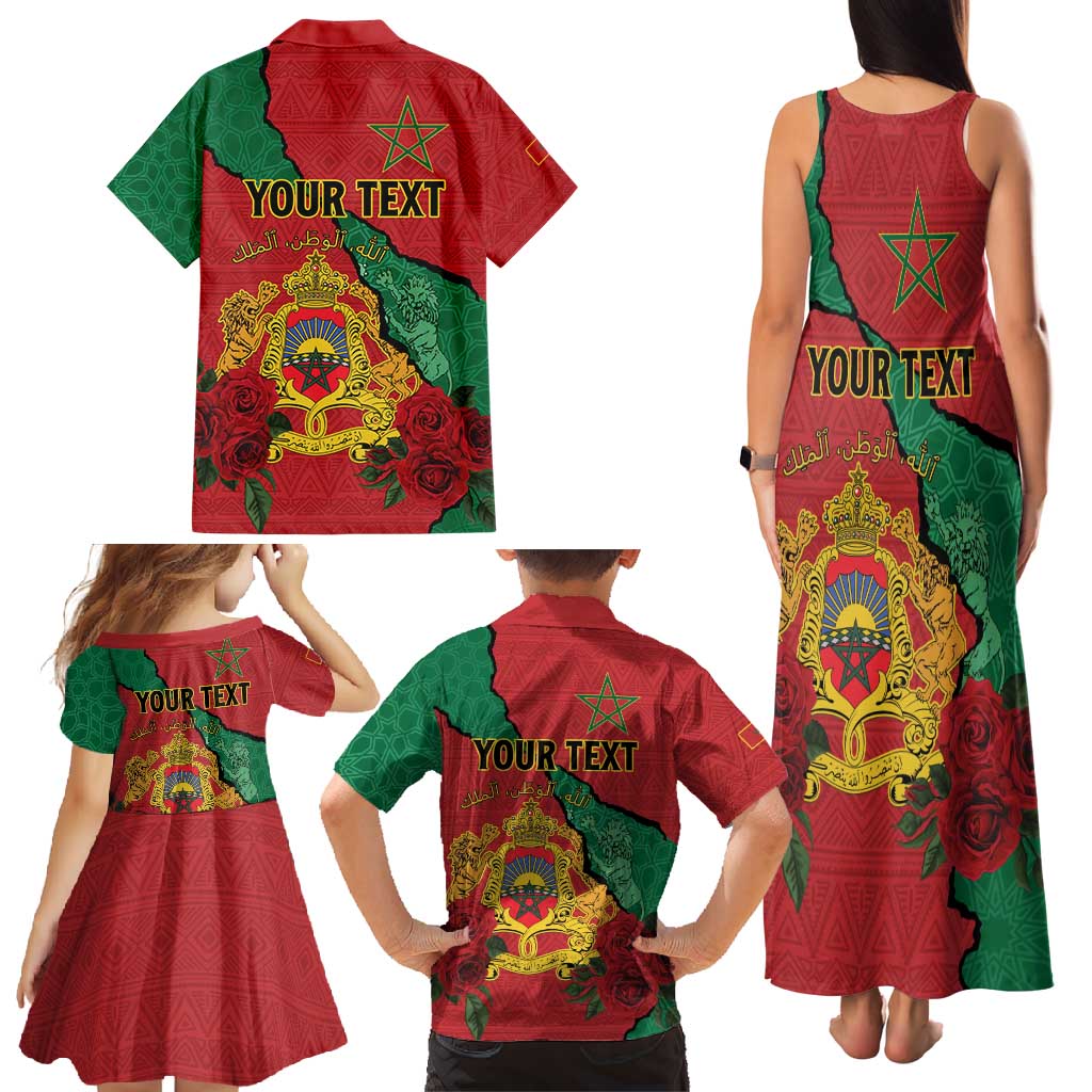 Personalised Morocco Family Matching Tank Maxi Dress and Hawaiian Shirt Coat Of Arms With Rose