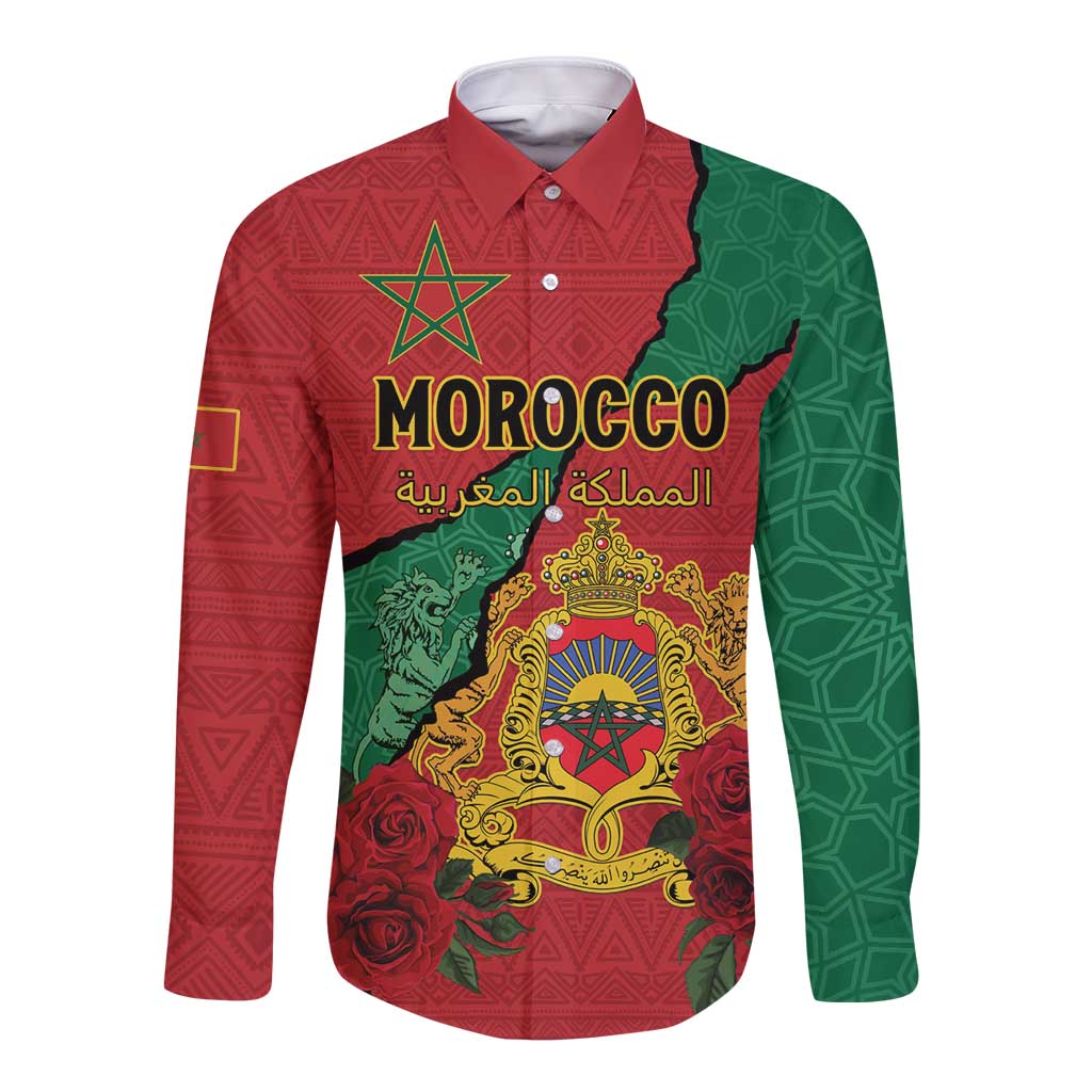 Personalised Morocco Long Sleeve Button Shirt Coat Of Arms With Rose