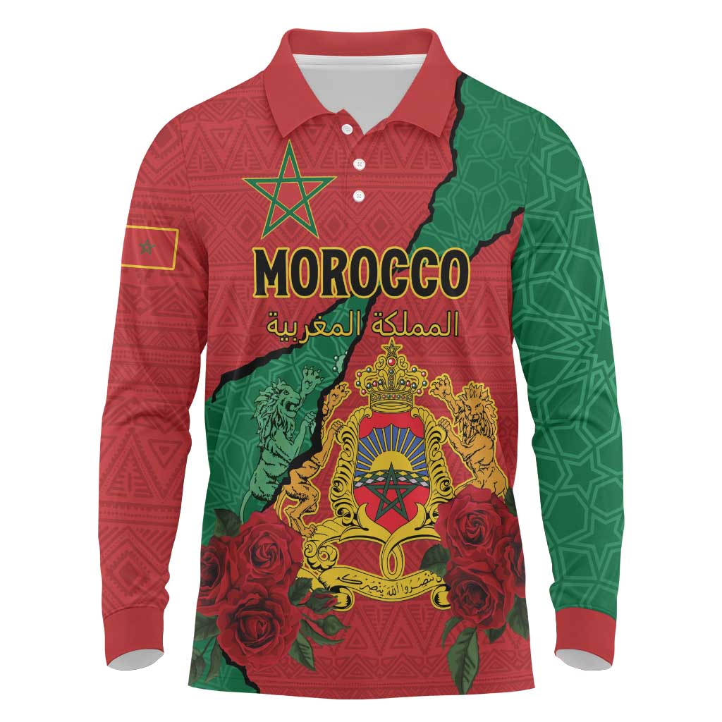 Personalised Morocco Long Sleeve Polo Shirt Coat Of Arms With Rose