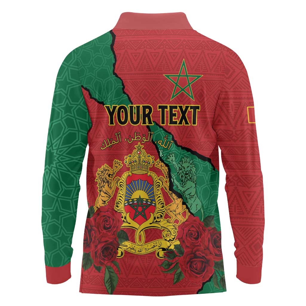 Personalised Morocco Long Sleeve Polo Shirt Coat Of Arms With Rose