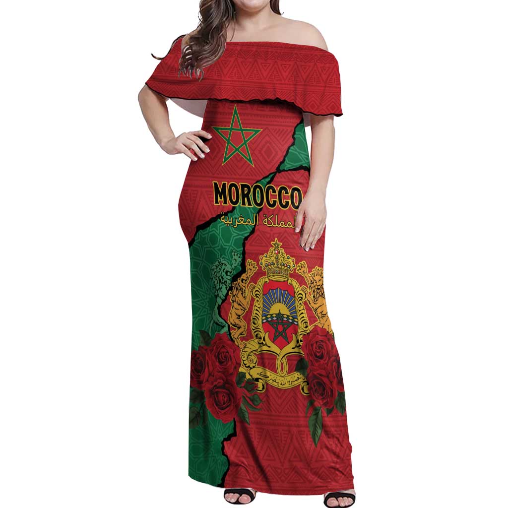 Personalised Morocco Off Shoulder Maxi Dress Coat Of Arms With Rose