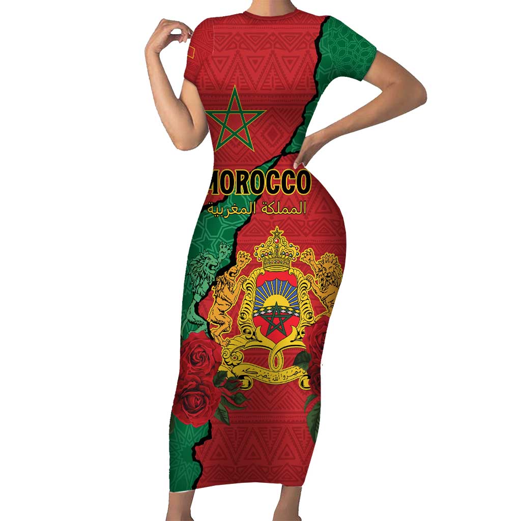 Personalised Morocco Short Sleeve Bodycon Dress Coat Of Arms With Rose