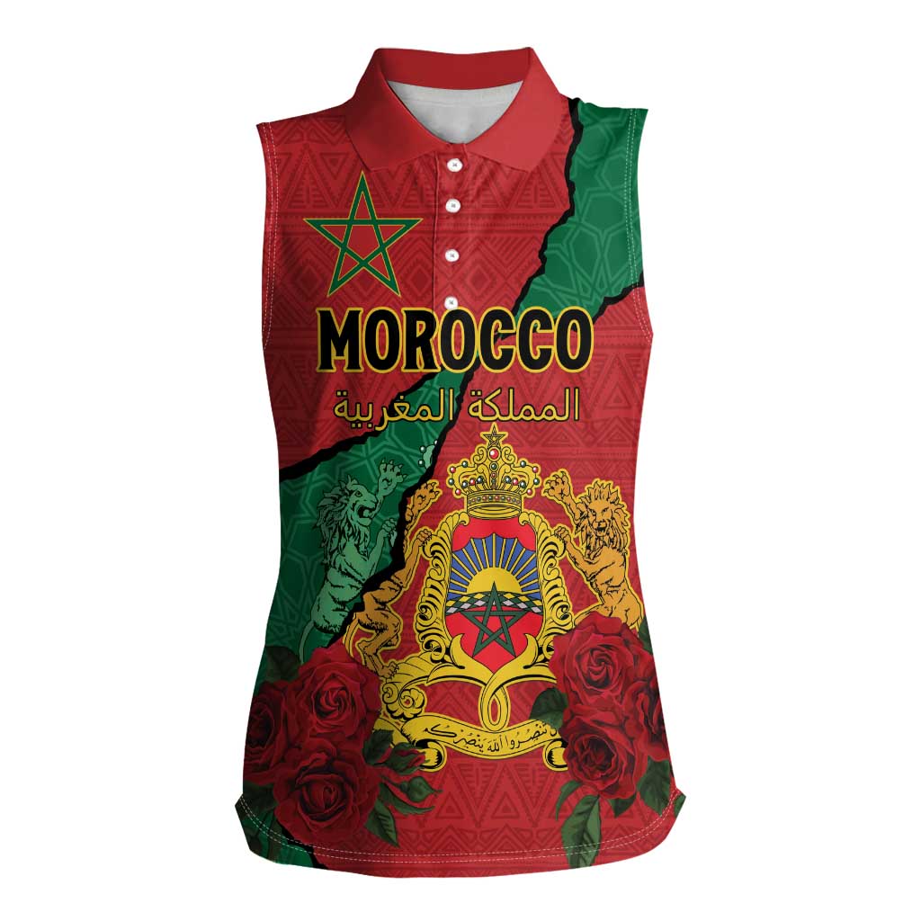 Personalised Morocco Women Sleeveless Polo Shirt Coat Of Arms With Rose