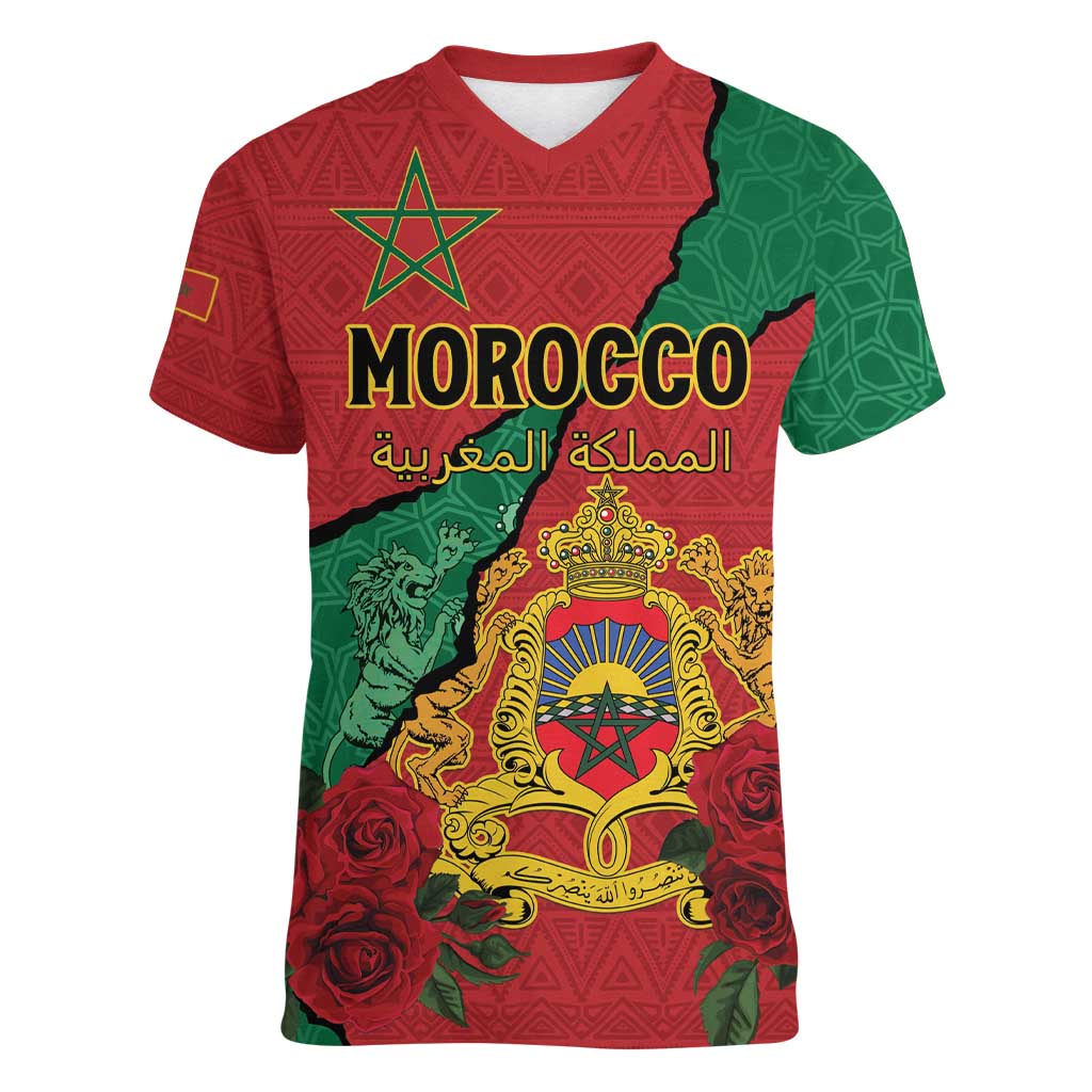 Personalised Morocco Women V-Neck T-Shirt Coat Of Arms With Rose