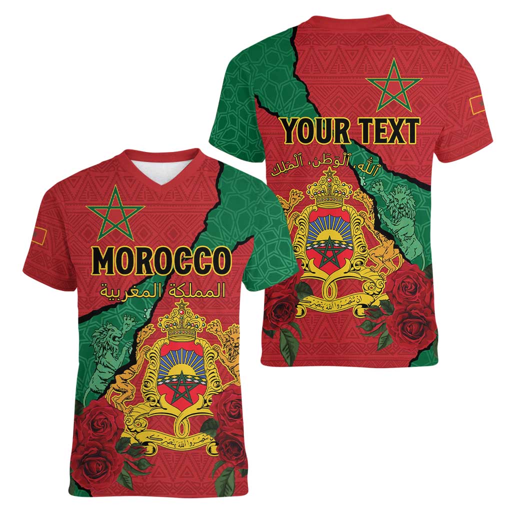 Personalised Morocco Women V-Neck T-Shirt Coat Of Arms With Rose